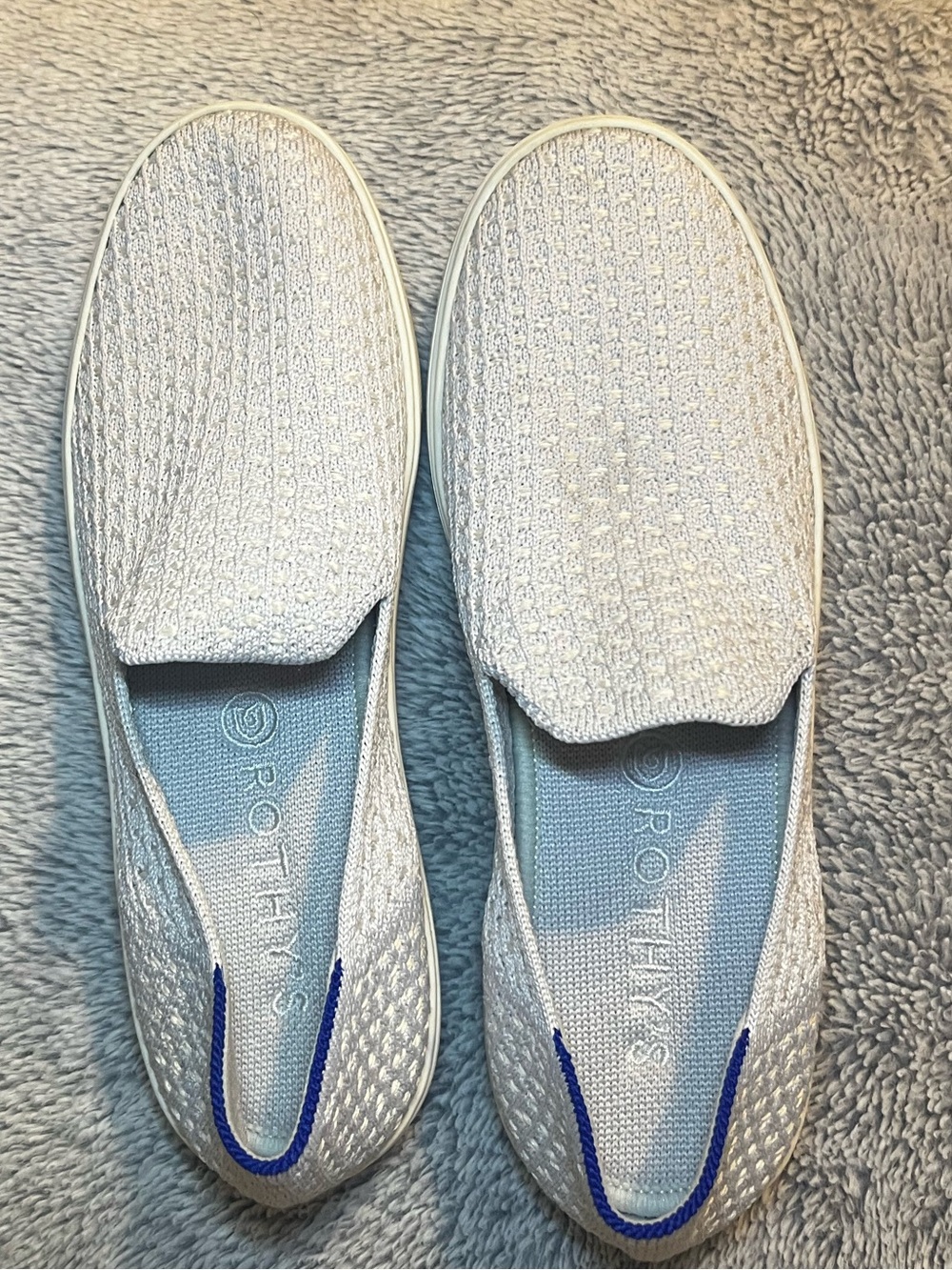 Rothy's Light Gray Knit Slip-On Flats with Blue Heel Trim